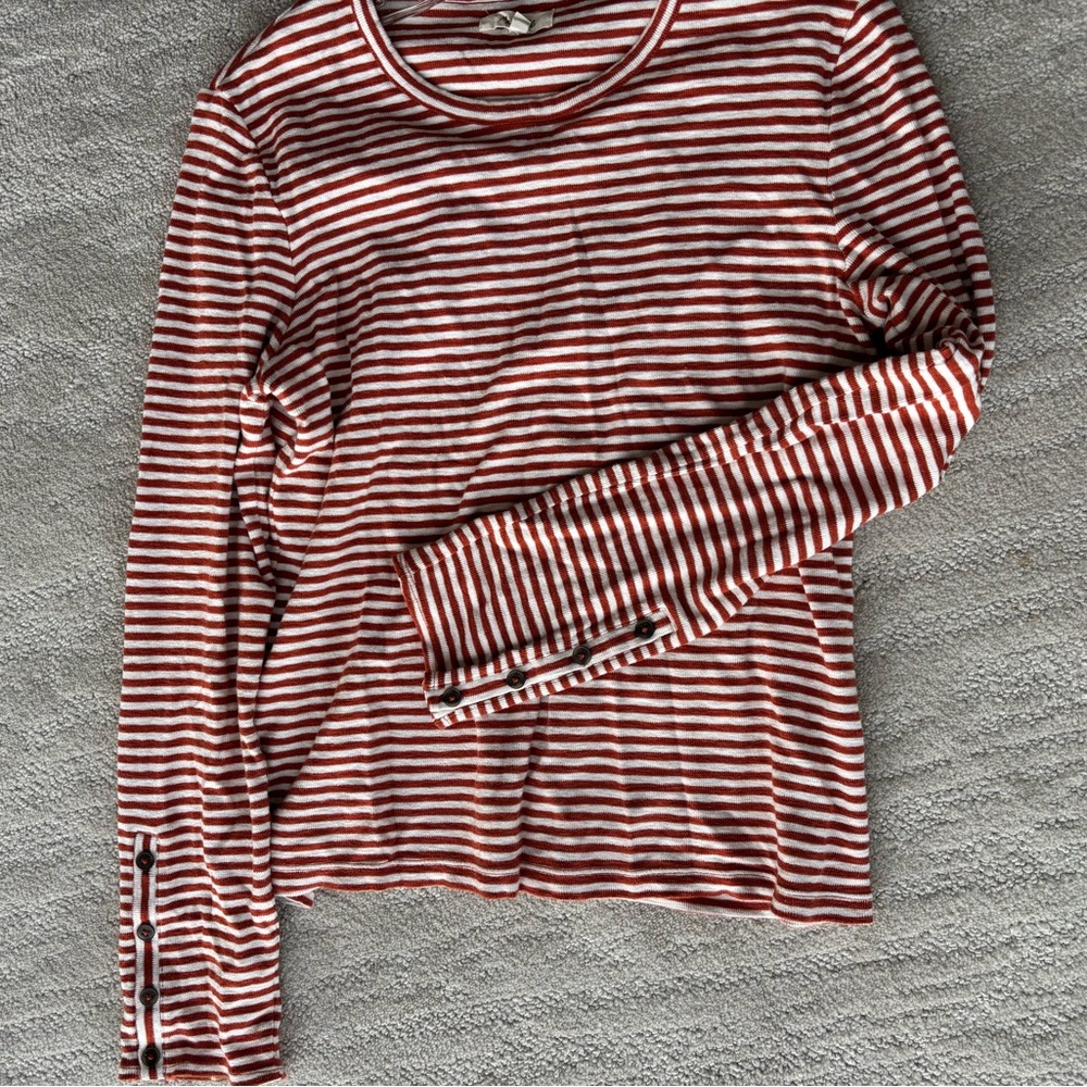 Madewell Red and White Striped Long Sleeve Tee with Accent Buttons on Sleeves